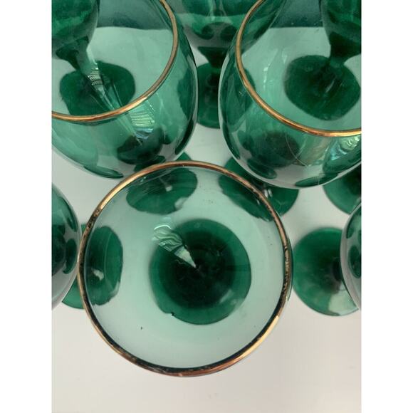 Set of 4 Vintage Libbey Teardrop Juniper Green Wine Goblets Glass Gold Rims - Picture 7 of 12